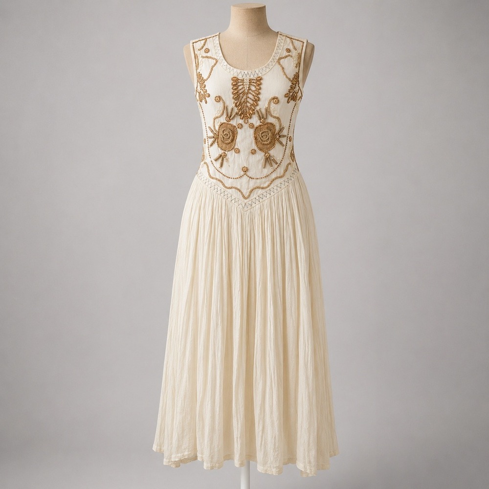 Vintage Y2K Embroidered Beaded Maxi Dress Size M Cream Sleeveless Boho Indie